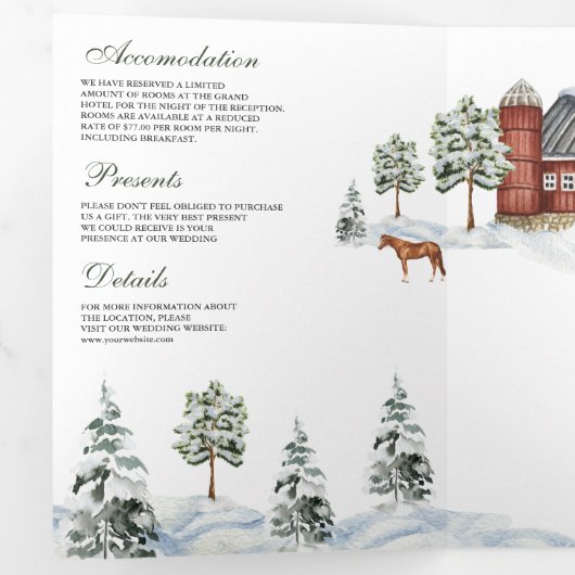 Snowy Red Barn Winter Kerstmis QR Code Weddenschap Drieluik Uitnodiging (Binnenzijde eerst)