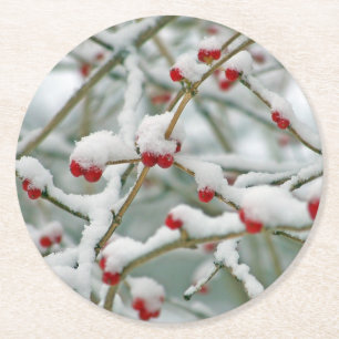 Snowy Red Berries Winter Scene Ronde Kartonnen Onderzetter