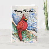 Snowy Red Cardinal Merry Christmas Kaart (Voorkant)