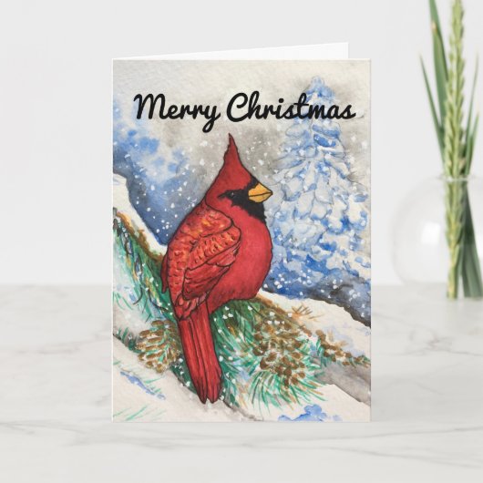 Snowy Red Cardinal Merry Christmas Kaart (Voorkant)