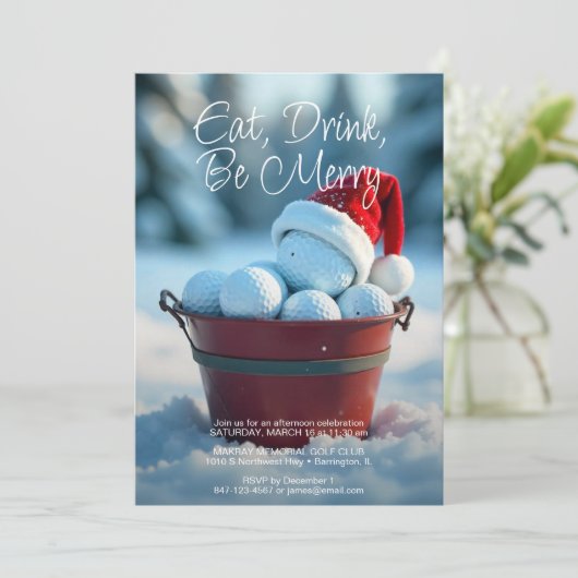 Snowy Red Christmas Golf Ball Bucket Holiday Party Kaart (Staand voorkant)