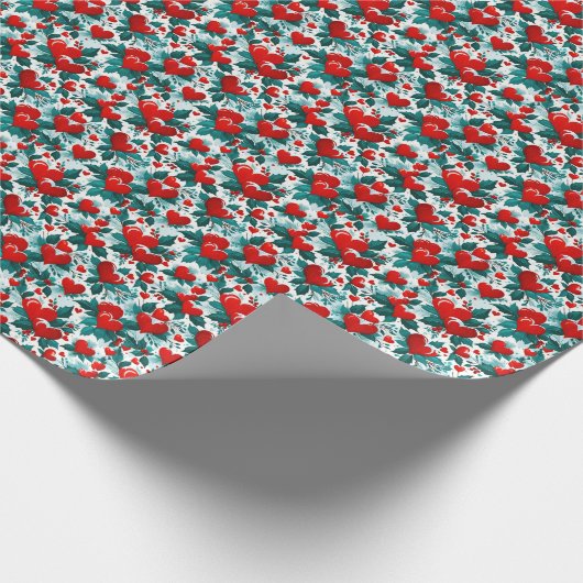 Snowy Red Christmas Hearts en Holly Cadeaupapier (Hoek)