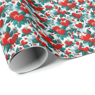 Snowy Red Christmas Hearts en Holly Cadeaupapier