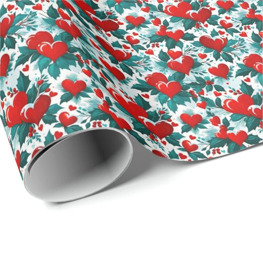 Snowy Red Christmas Hearts en Holly Cadeaupapier (Rol Hoek)