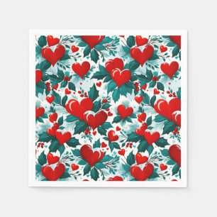 Snowy Red Christmas Hearts en Holly Servet