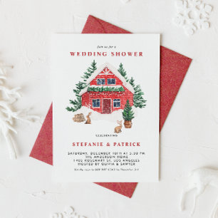 Snowy Red Cottage Forest Winter bruiloft douche Kaart