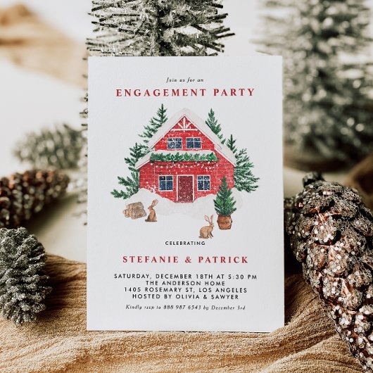 Snowy Red Cottage Forest Winter Engagement Party Kaart