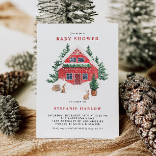 Snowy Red Cottage met Konijnen Winter Baby shower Kaart