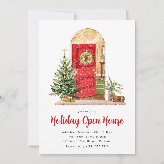 Snowy Red door Holiday Open House Kaart (Voorkant)