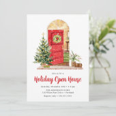 Snowy Red door Holiday Open House Kaart (Staand voorkant)