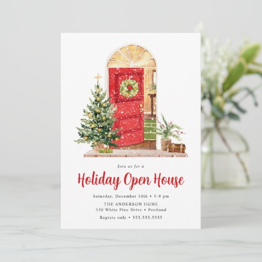 Snowy Red door Holiday Open House Kaart (Staand voorkant)