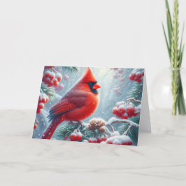 Snowy Red Winter Cardinal in Holly Feestdagen Kaart