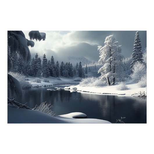 Snowy river landscape: a winter idyll foto afdruk (Voorkant)