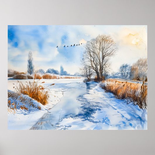 Snowy Riverbank in de Waterverf van Winter Havella Poster (Voorkant)
