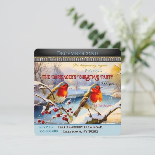 Snowy Robins Kerstfeest uitnodiging (Staand voorkant)