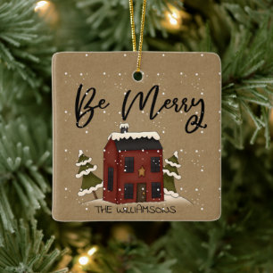 Snowy Saltbox House Primitive Country Add Name Keramisch Ornament