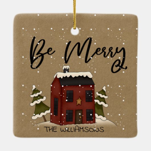 Snowy Saltbox House Primitive Country Add Name Keramisch Ornament (Achterkant)