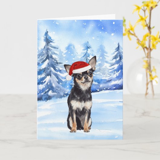 Snowy Santa Chihuahua Waterverf Christmas Kaart (Gele Bloem)