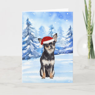 Snowy Santa Chihuahua Waterverf Christmas Kaart
