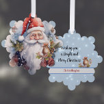 Snowy Santa Clause en Bird Waterverf Look Naam Ornament Kaart<br><div class="desc">Dit ontwerp heeft een ouderwetse waterverf look Santa,  met vogelhuisjes en sneeuwvlokken boven hem,  en een mooie gekroonde vogel op zoek naar. Op de achterkant staat de tekst "Wishing You a Merry Christmas",  met sneeuwvlokken,  een andere vogel en een spandoek voor jouw naam.</div>