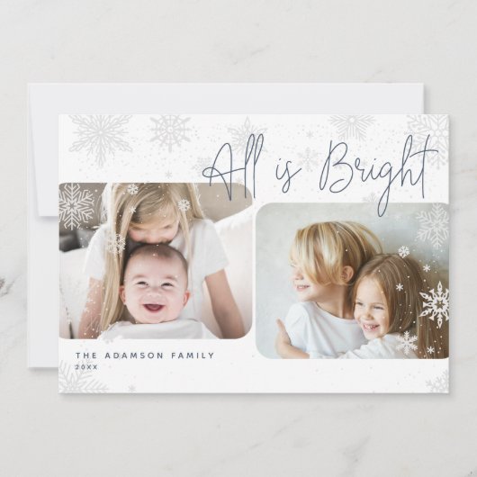 Snowy Script | 2 Foto All is Bright Holiday Kaart (Voorkant)