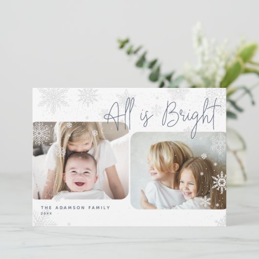 Snowy Script | 2 Foto All is Bright Holiday Kaart (Staand voorkant)
