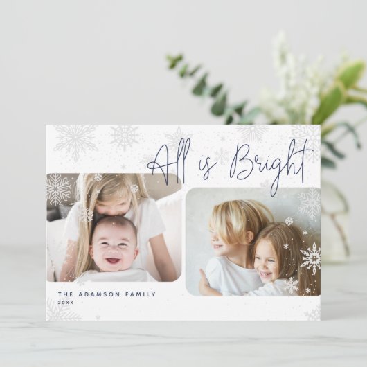 Snowy Script | 2 Foto All is Bright Holiday Kaart (Staand voorkant)