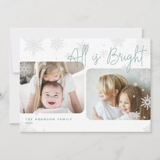 Snowy Script | 2 Foto All is Bright Holiday Kaart (Voorkant)