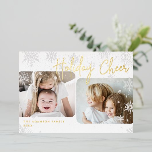 Snowy Script | 2 Foto Folie Feestdagenkaart (Staand Voorkant)