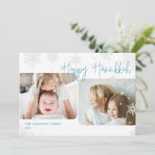 Snowy Script | 2 Foto Happy Hanukkah Holiday Kaart (Staand voorkant)