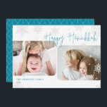 Snowy Script | 2 Foto Happy Hanukkah Holiday Kaart<br><div class="desc">Eenvoudig en modern Hanukkah-kaartontwerp biedt twee van uw favoriete foto's met een uitlijning van offset, die is omgeven door vallende sneeuwvlokken. "Happy Hanukkah" verschijnt in het moderne ijskoud met een blauw casual handgeschreven script, met uw familienaam en het jaar aan de linkerbenedenhoek. Een uniek hedendaags ontwerp in een horizontale of...</div>
