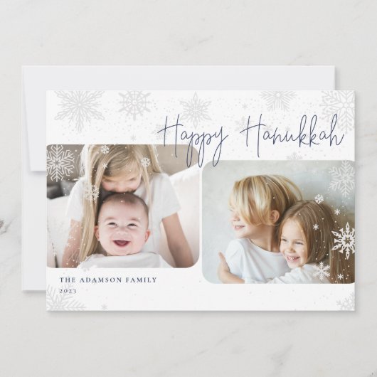 Snowy Script | 2 Foto Happy Hanukkah Holiday Kaart (Voorkant)