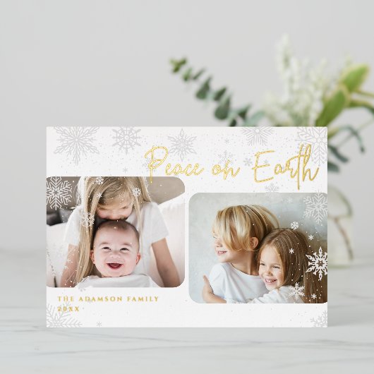 Snowy Script | 2 Fotovrede op aarde Folie Feestdagenkaart (Staand Voorkant)