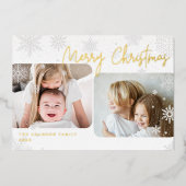 Snowy Script | 2 Kerstfeest met foto's Folie Feestdagenkaart (Voorkant)