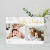 Snowy Script | 2 Kerstfeest met foto's Folie Feestdagenkaart (Staand Voorkant)