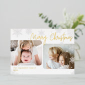 Snowy Script | 2 Kerstfeest met foto's Folie Feestdagenkaart (Staand Voorkant)