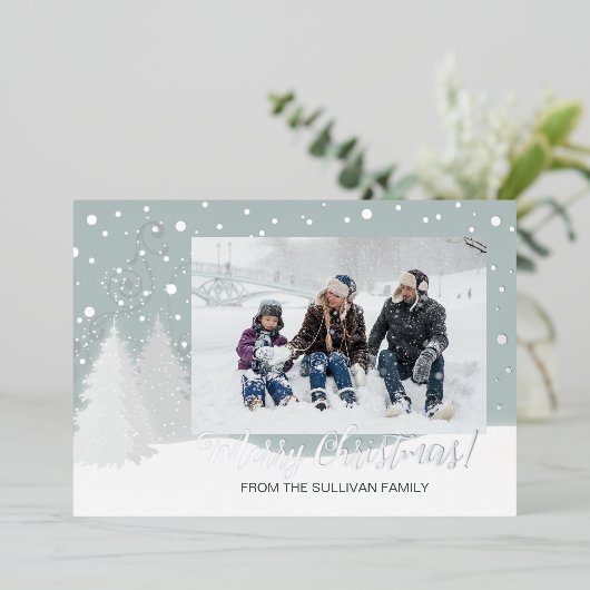 Snowy Silver Foil fotokaart Folie Feestdagenkaart (Staand Voorkant)