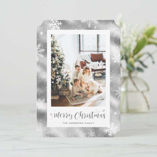 Snowy Silver Foil Photo Merry kerstkaarten Feestdagenkaart (Staand voorkant)
