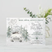 Snowy Silver Winter Elephant Drive voor Verjaardag Kaart (Staand voorkant)