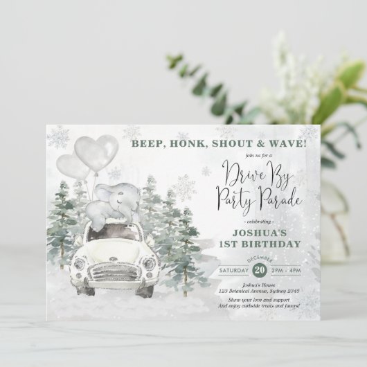 Snowy Silver Winter Elephant Drive voor Verjaardag Kaart (Staand voorkant)