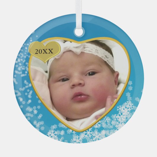 Snowy Sky Blue Baby's eerste kerstfoto Glas Ornament (Voorkant)