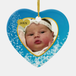 Snowy Sky Blue Baby's eerste kerstfoto Keramisch Ornament