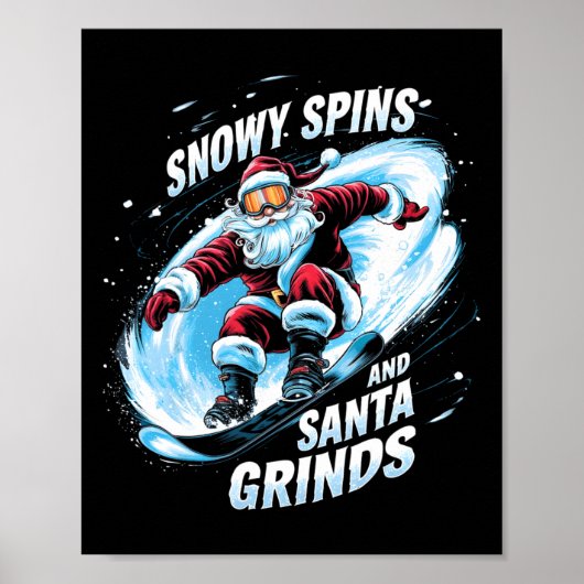 Snowy Spins Santa Grinds Snowboarder Kerstzoon Poster (Voorkant)