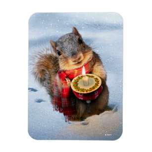 Snowy Squirrel Holding Candle Magneet