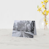 Snowy Street Pine Trees Winter Scene Kaart (Gele Bloem)