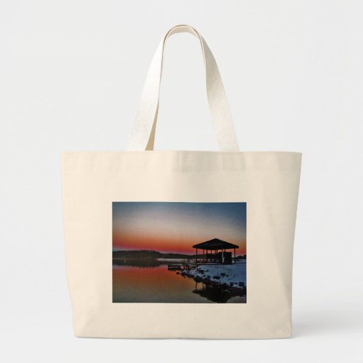 Snowy Sunset at Lake Arrowiad dock Grote Tote Bag (Voorkant)