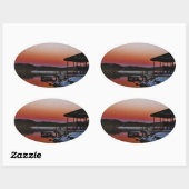 Snowy Sunset at Lake Arrowiad dock Ovale Sticker (Vel)