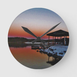 Snowy Sunset at Lake Arrowiad dock Ronde Klok