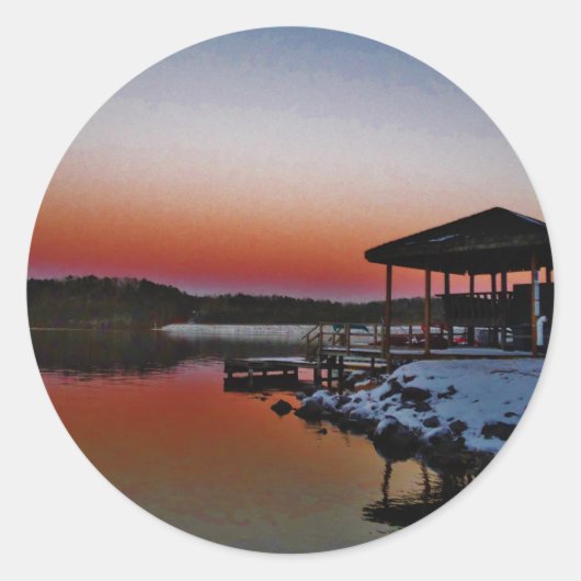 Snowy Sunset at Lake Arrowiad dock Ronde Sticker (Voorkant)