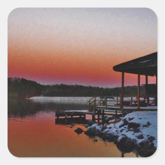 Snowy Sunset at Lake Arrowiad dock Vierkante Sticker (Voorkant)
